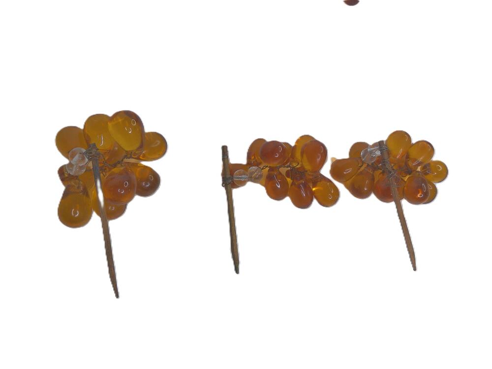 Vintage MCM Amber Glass Grape Clusters Wired Fruit Bunches Set of 3